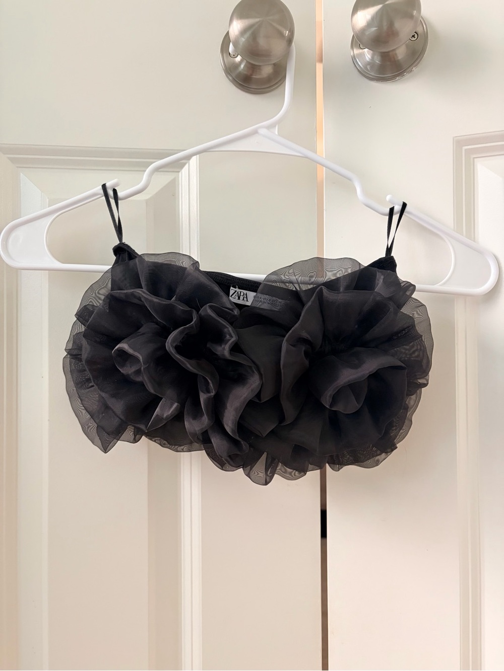 Zara Black Floral Ruffle Crop Top with Thin Straps